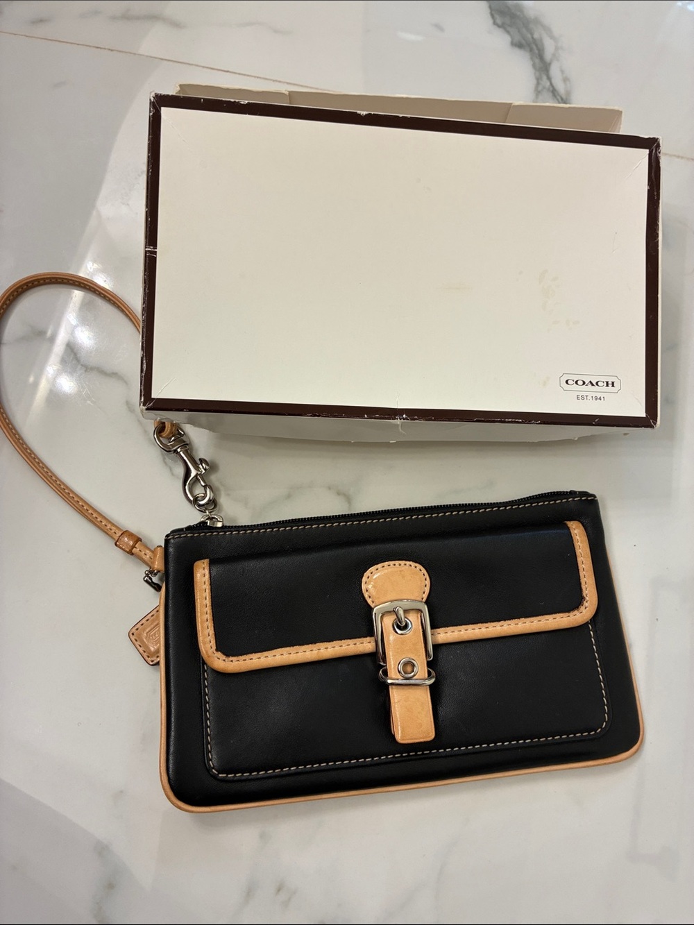 Coach Black and tan Leather Wristlet